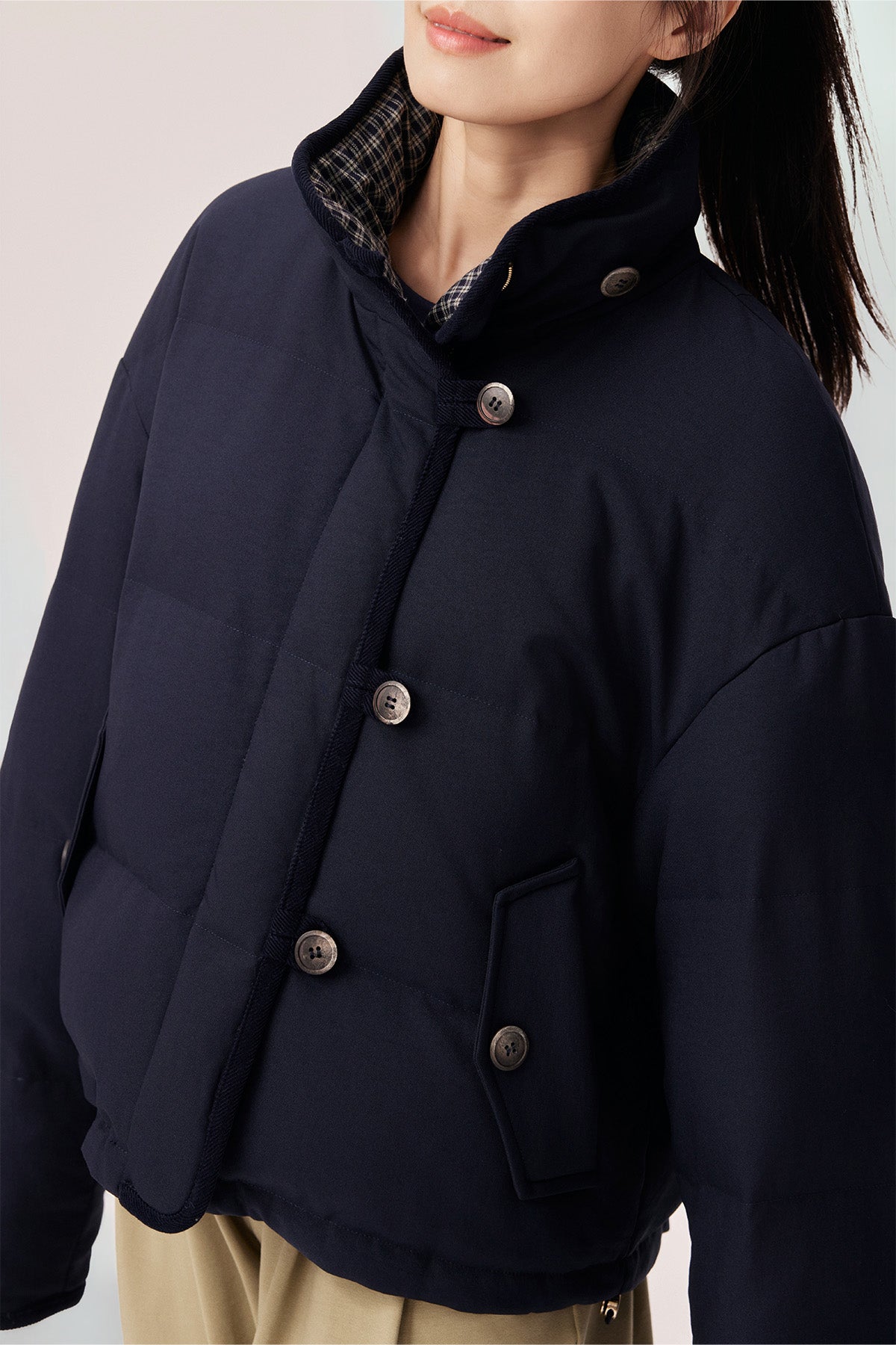 Estella Reversible Colorblock High-Neck Cropped Down Jacket