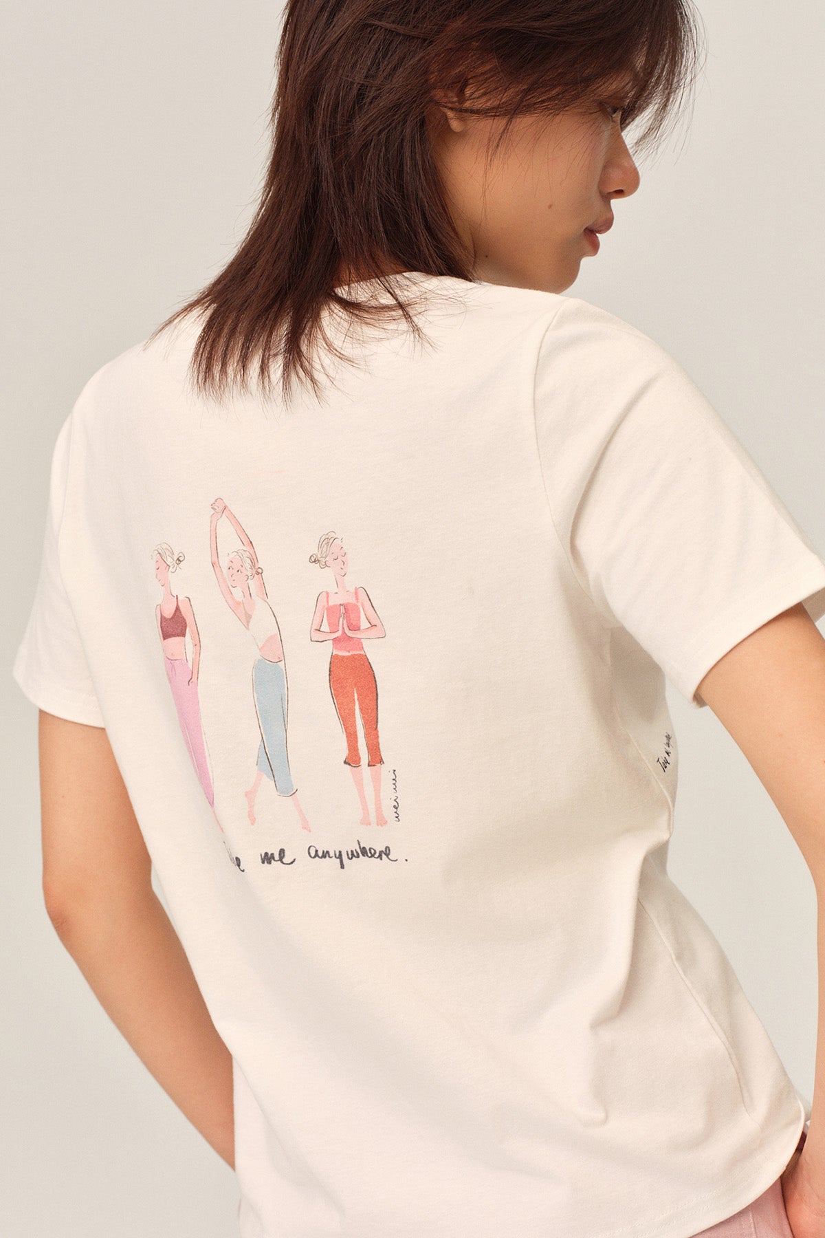 Weiwei Three-Girl Yoga Illustration Relaxed Cotton T-Shirt