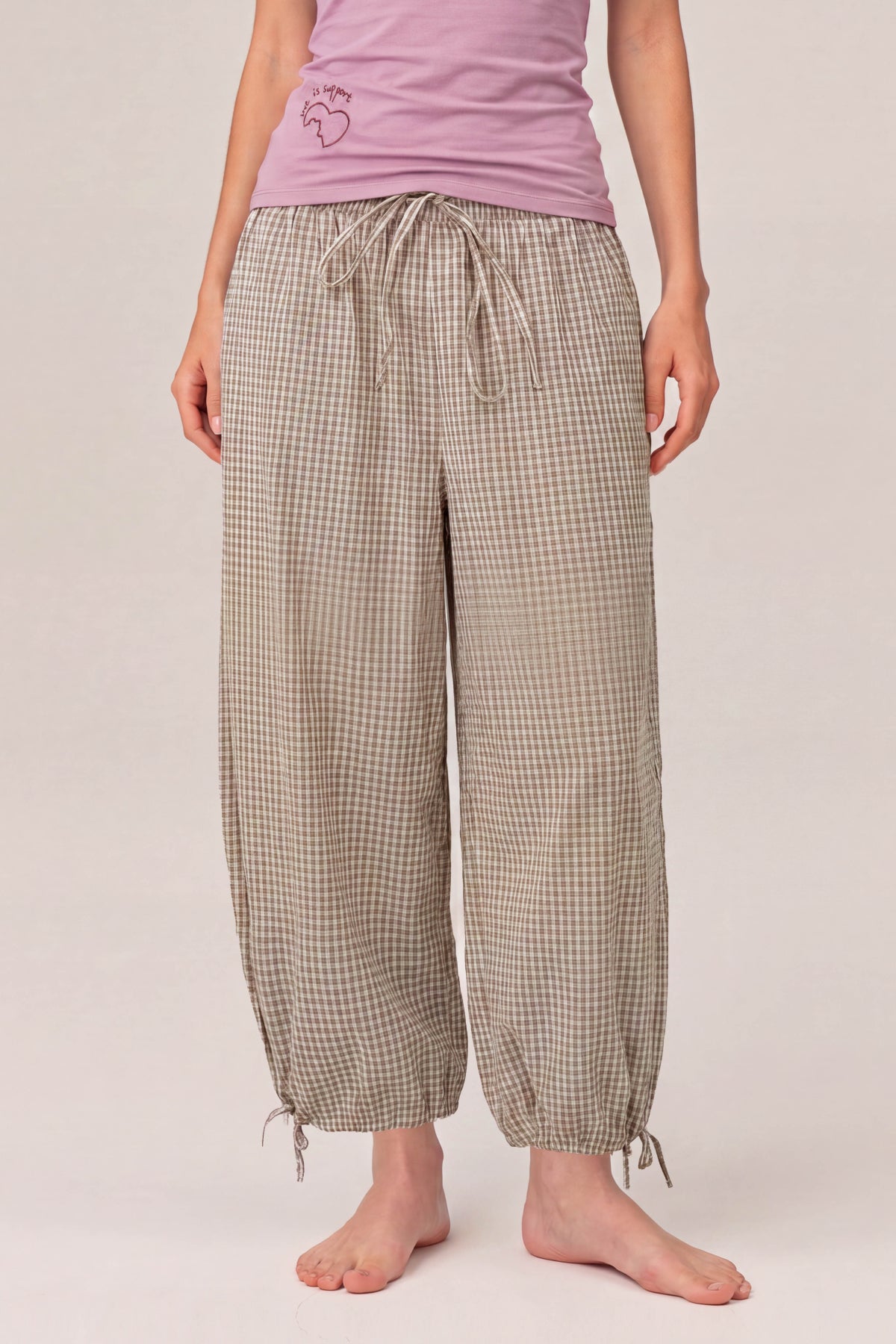 Olivia 100% Cotton Checked Drawstring Relaxed-Fit Cropped Trousers