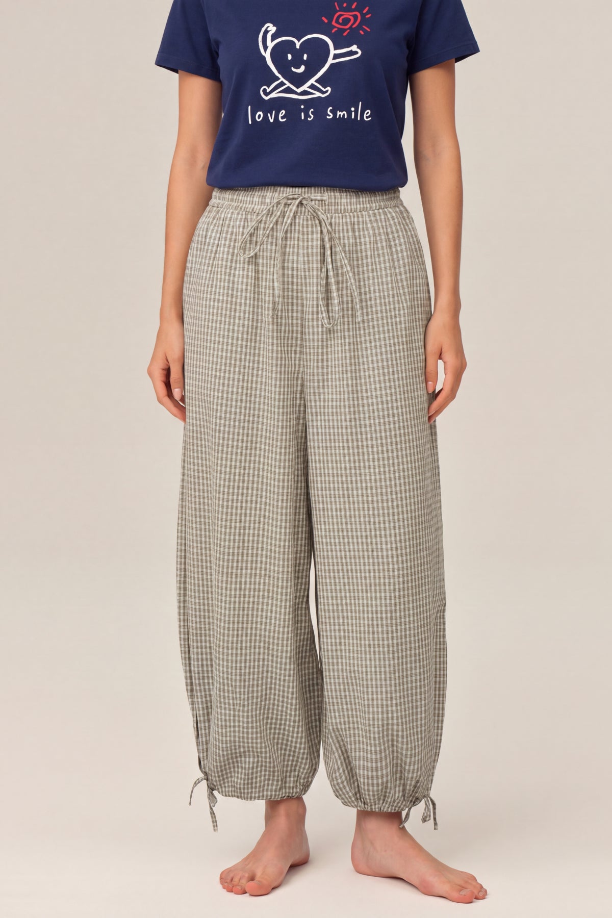 Olivia 100% Cotton Checked Drawstring Relaxed-Fit Cropped Trousers