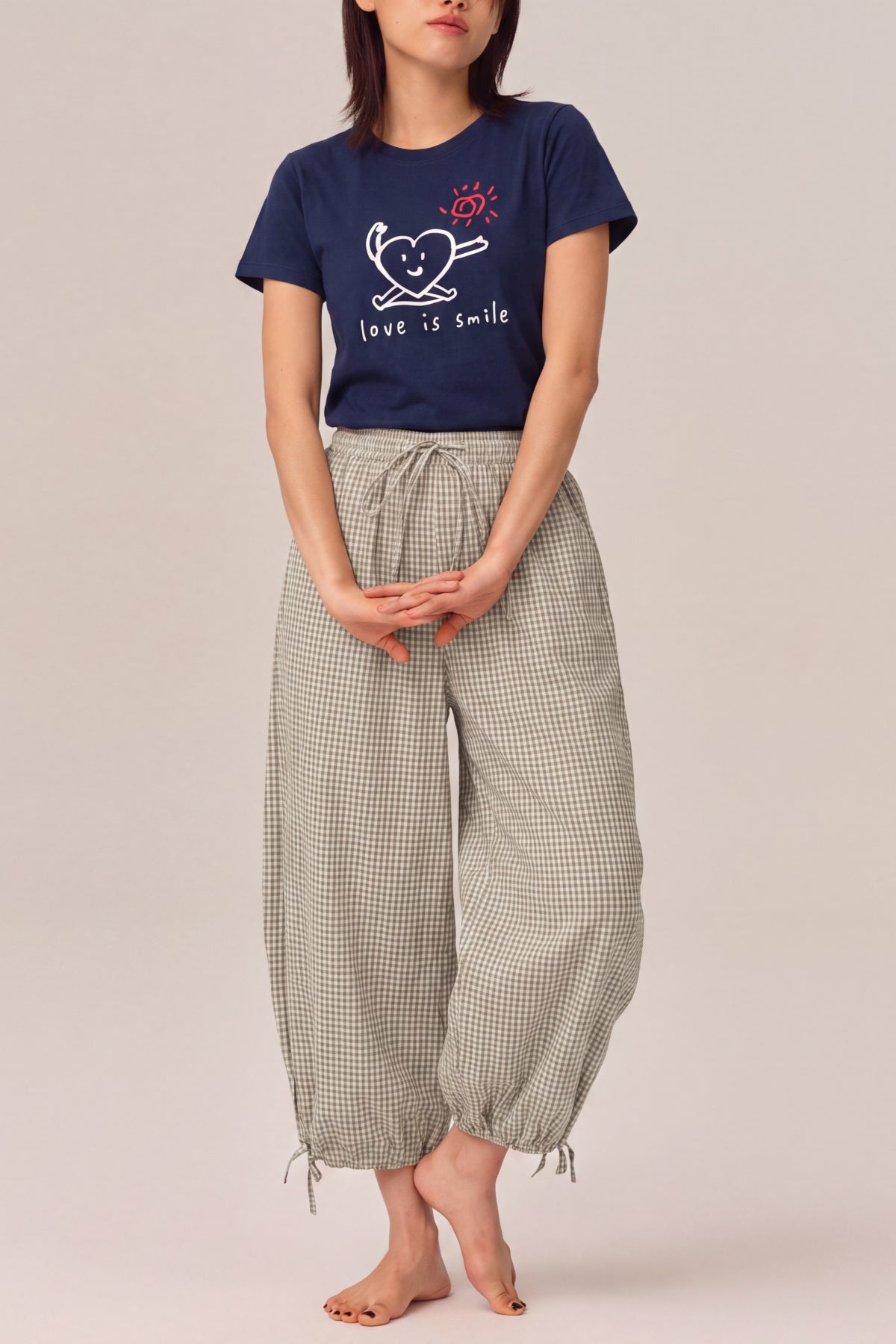 Olivia 100% Cotton Checked Drawstring Relaxed-Fit Cropped Trousers