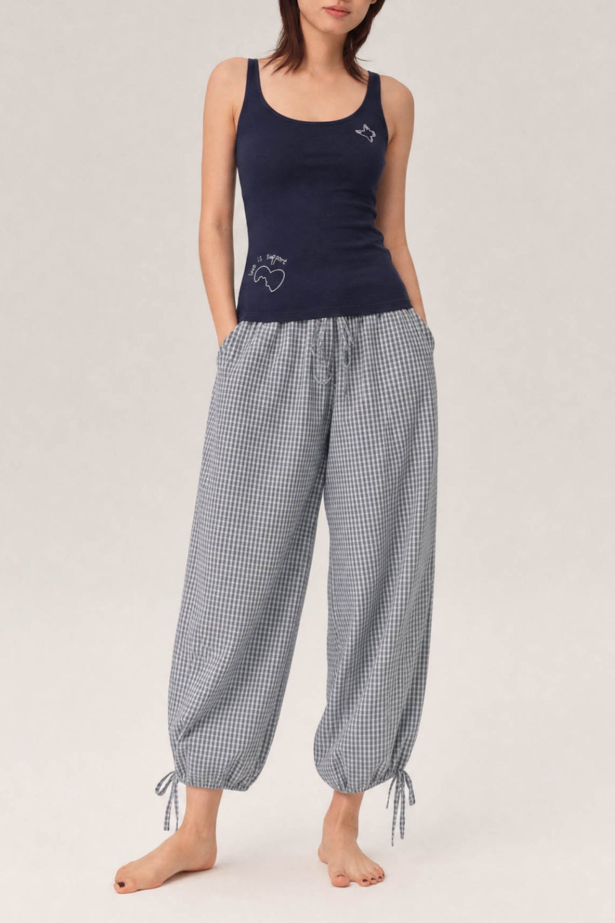 Olivia 100% Cotton Checked Drawstring Relaxed-Fit Cropped Trousers