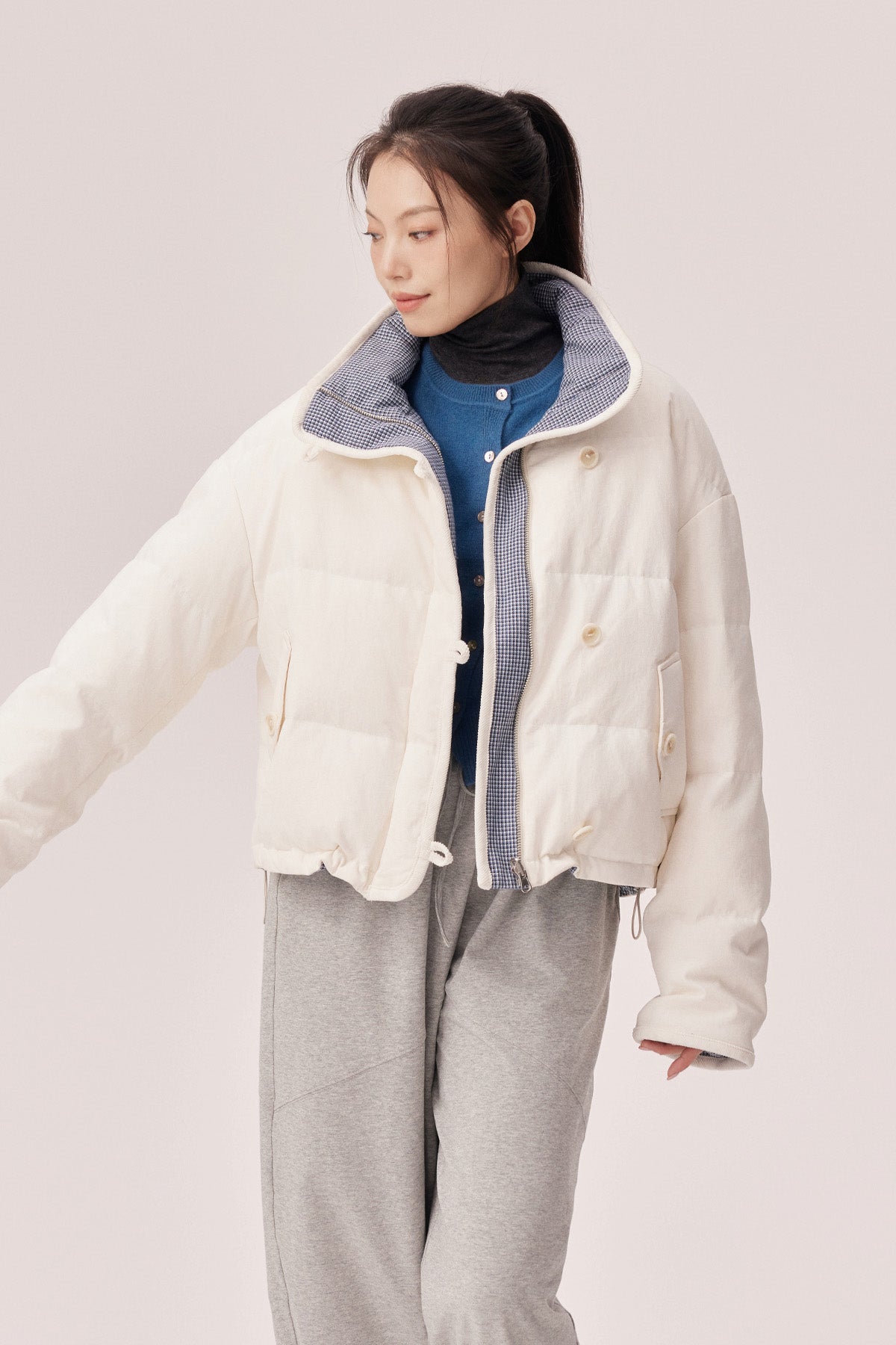 Estella Reversible Colorblock High-Neck Cropped Down Jacket