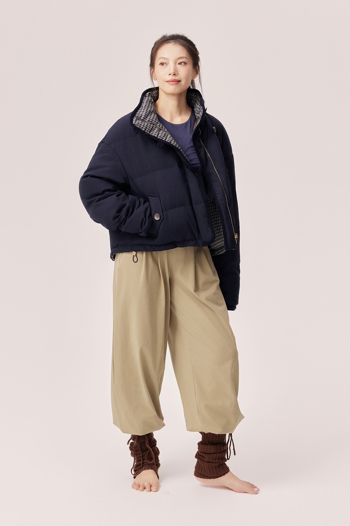 Estella Reversible Colorblock High-Neck Cropped Down Jacket