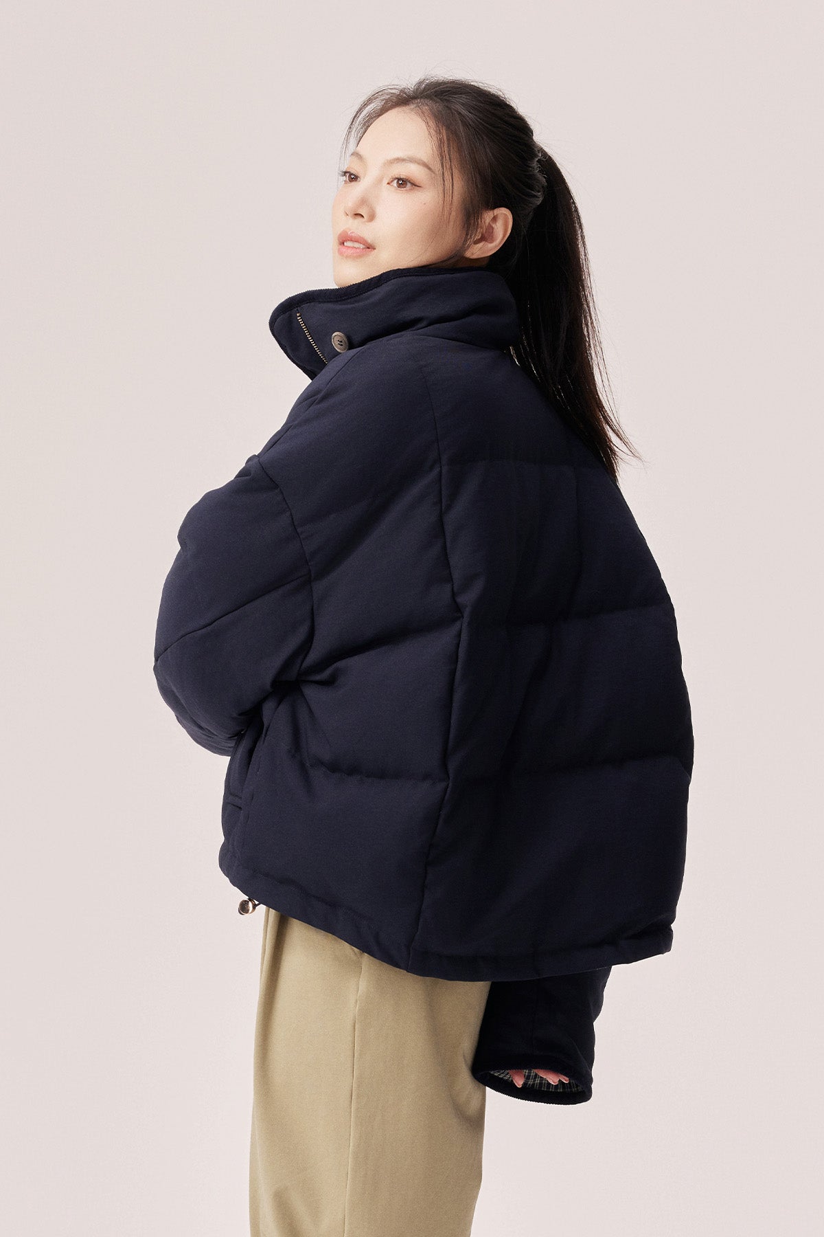 Estella Reversible Colorblock High-Neck Cropped Down Jacket