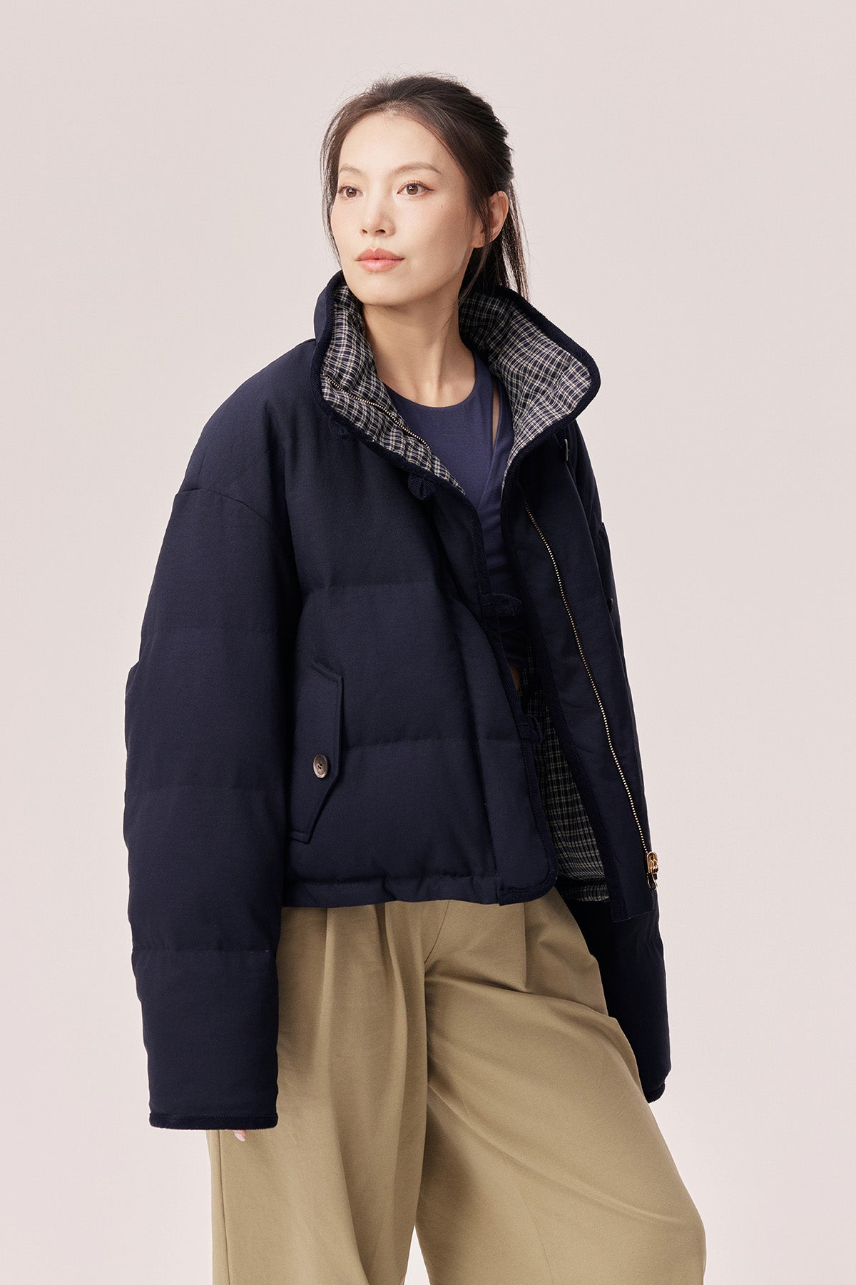 Estella Reversible Colorblock High-Neck Cropped Down Jacket