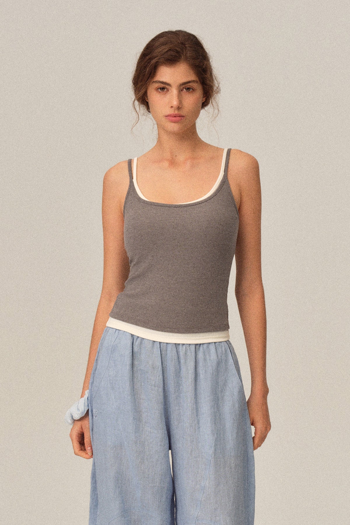 Elodie High-Stretch Ribbed Fake Two-Piece Slim Cami Basic Tank Top