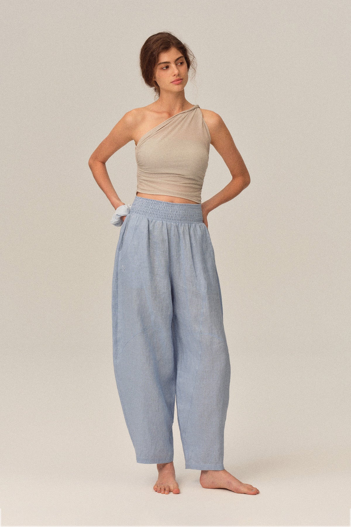 Clara Tencel Wool Soft Stretch Asymmetrical One-Shoulder Draped Tank Top