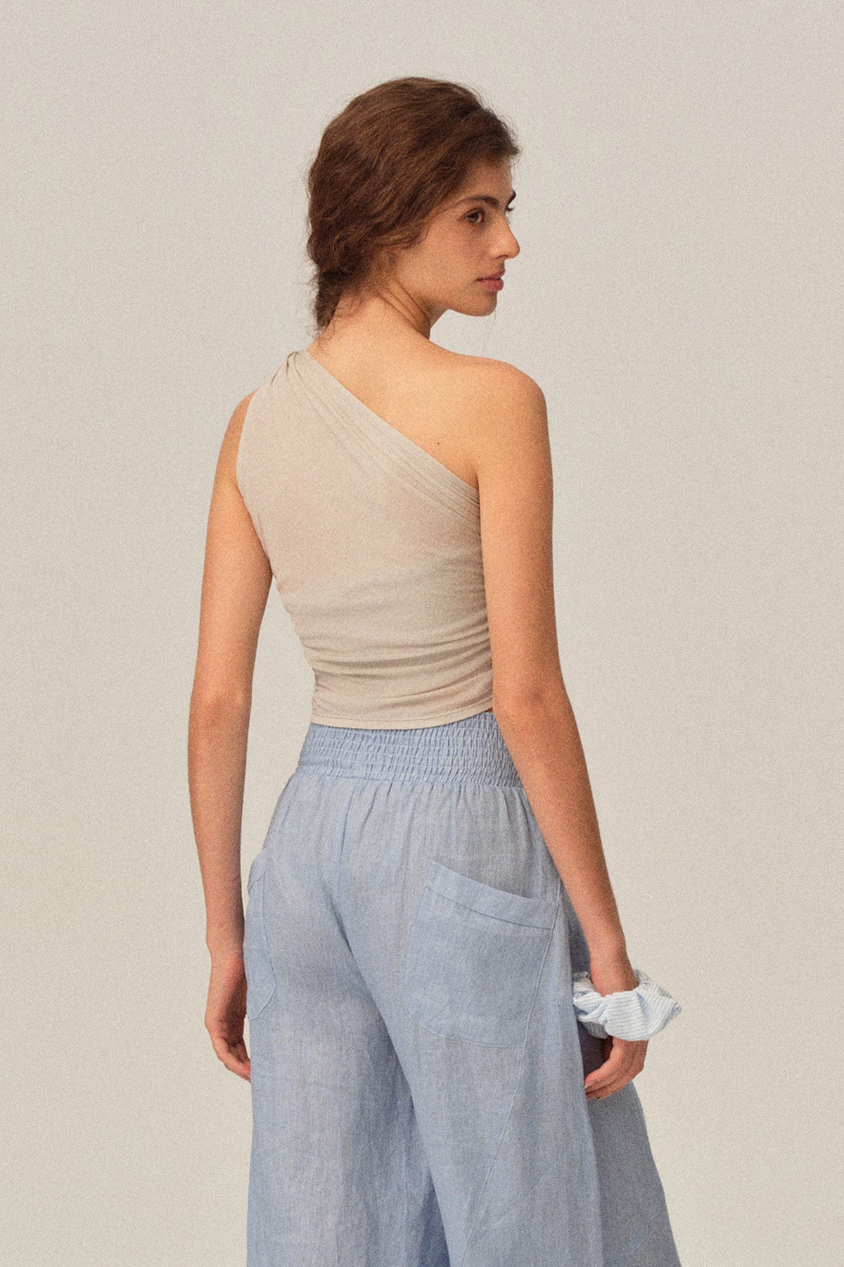 Clara Tencel Wool Soft Stretch Asymmetrical One-Shoulder Draped Tank Top