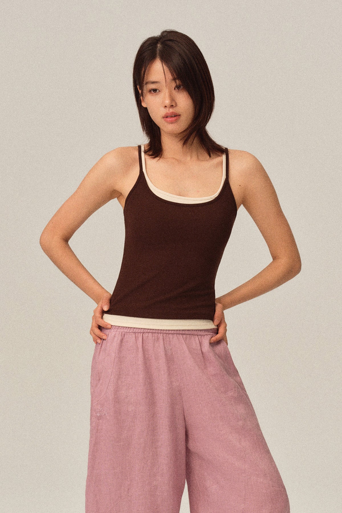Elodie High-Stretch Ribbed Fake Two-Piece Slim Cami Basic Tank Top