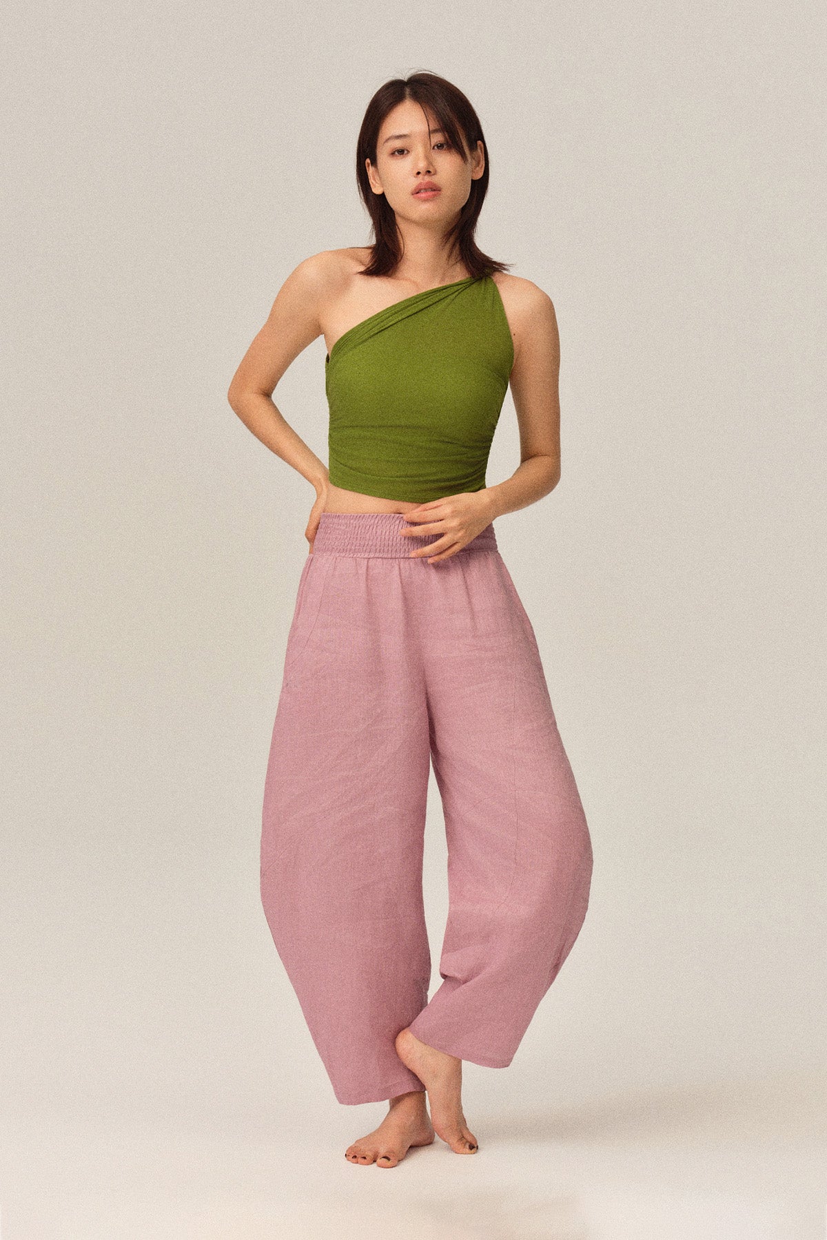 Clara Tencel Wool Soft Stretch Asymmetrical One-Shoulder Draped Tank Top