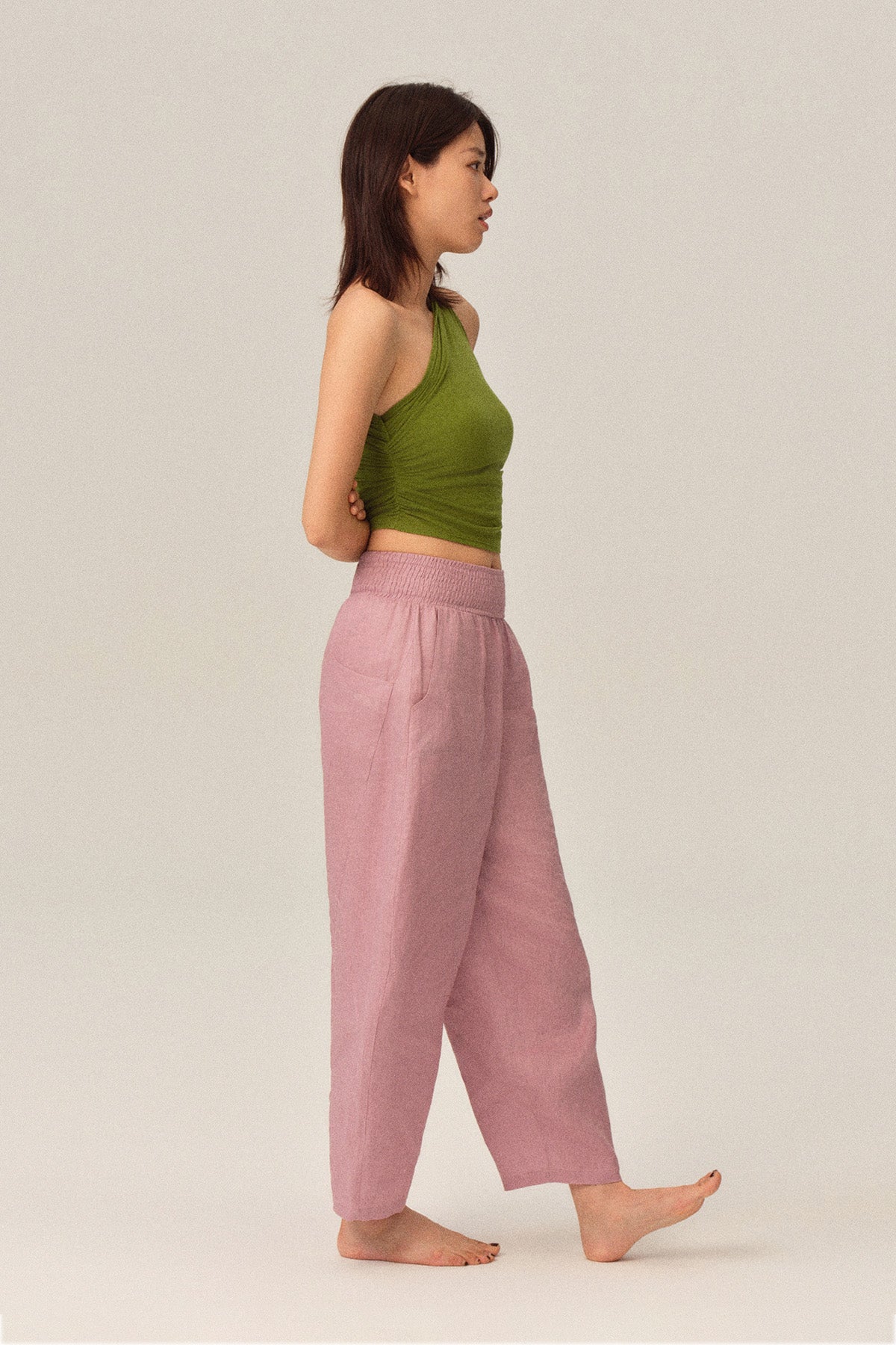 Clara Tencel Wool Soft Stretch Asymmetrical One-Shoulder Draped Tank Top