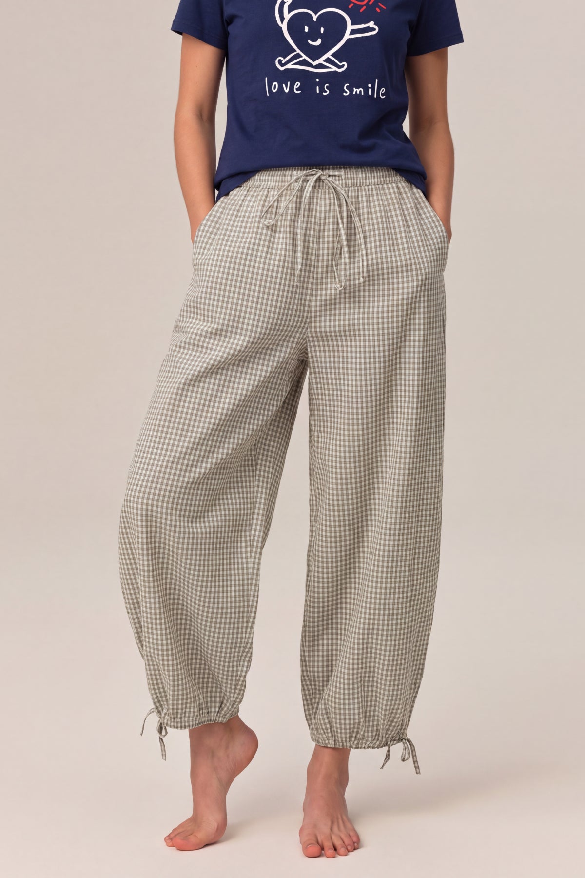 Olivia 100% Cotton Checked Drawstring Relaxed-Fit Cropped Trousers