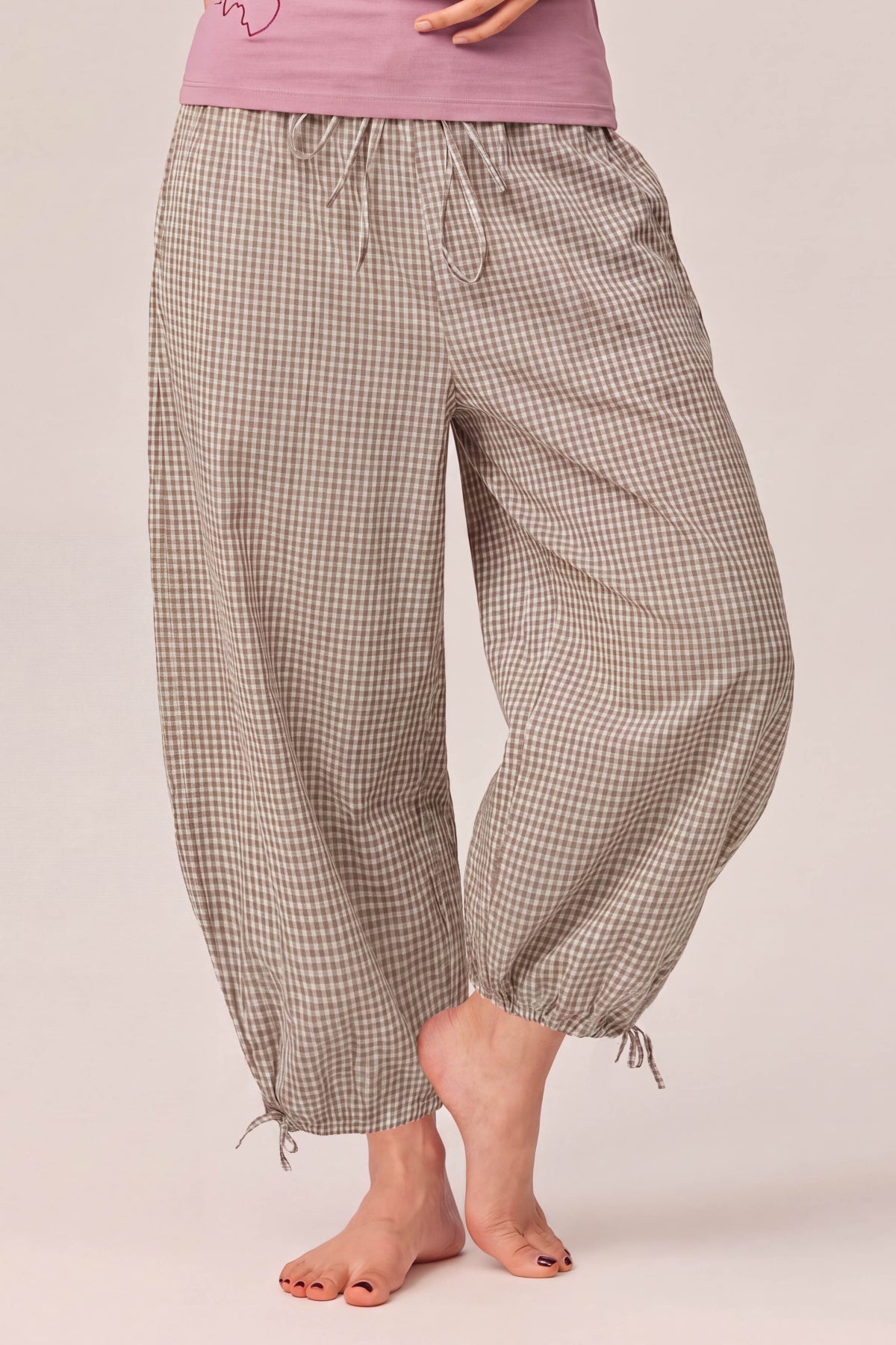 Olivia 100% Cotton Checked Drawstring Relaxed-Fit Cropped Trousers